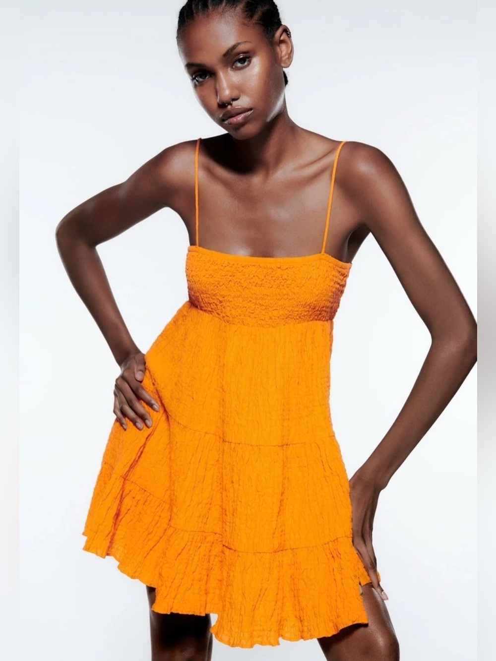Zara Orange Textured Smocked Tiered Babydoll Mini Dress XS 7385/225